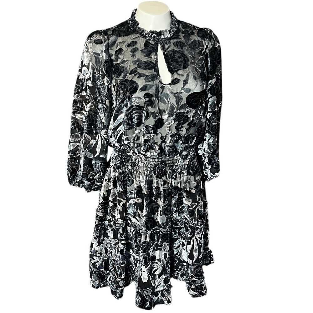 OPT Black Floral Burnout Velvet Sheer Mock Neck Smocked Waist‎ Tiered Mini Dress
